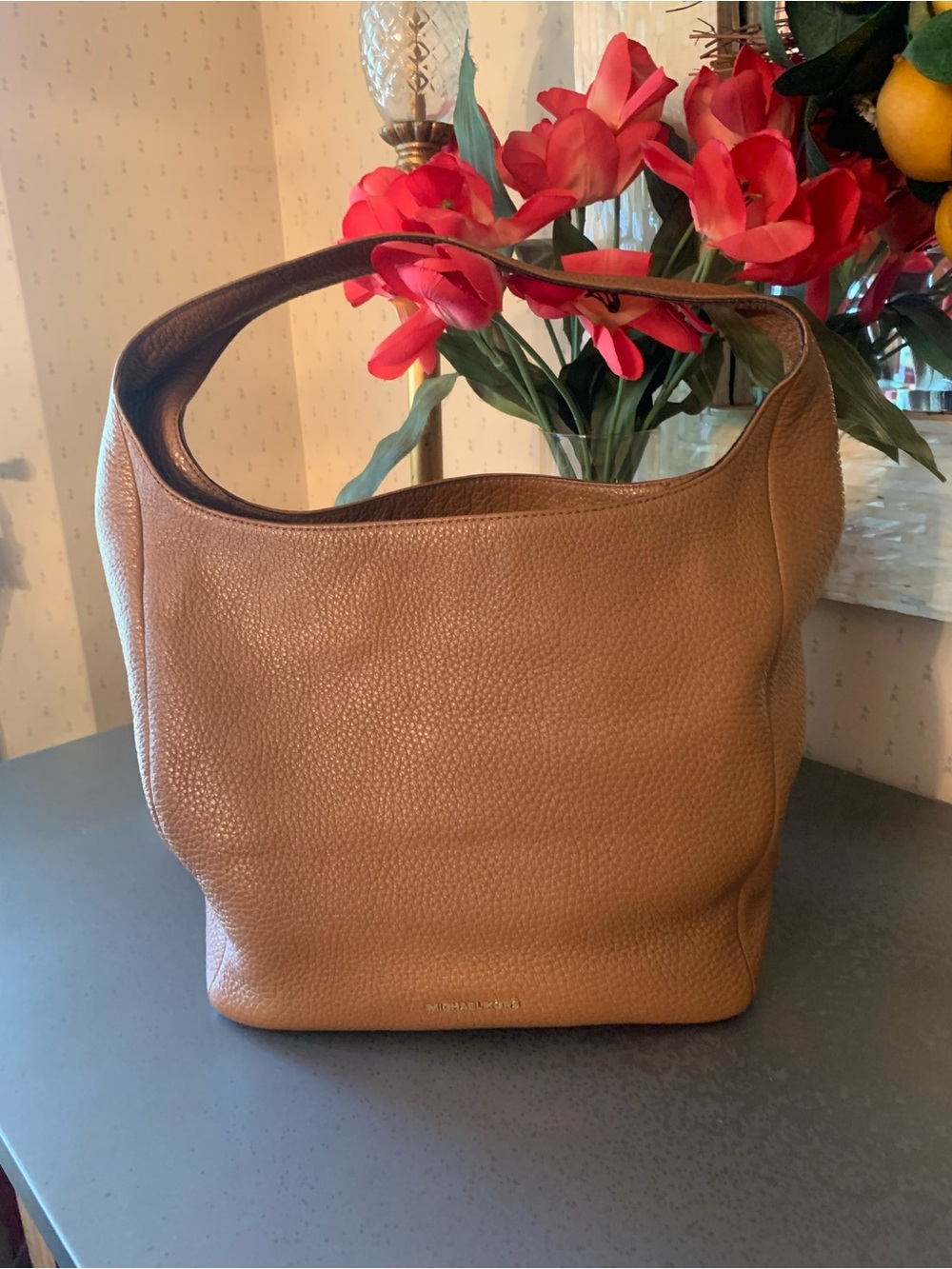 MICHAEL KORS, carried 2 times Large LENA  , TAN pebble leather shoulder hobo bag